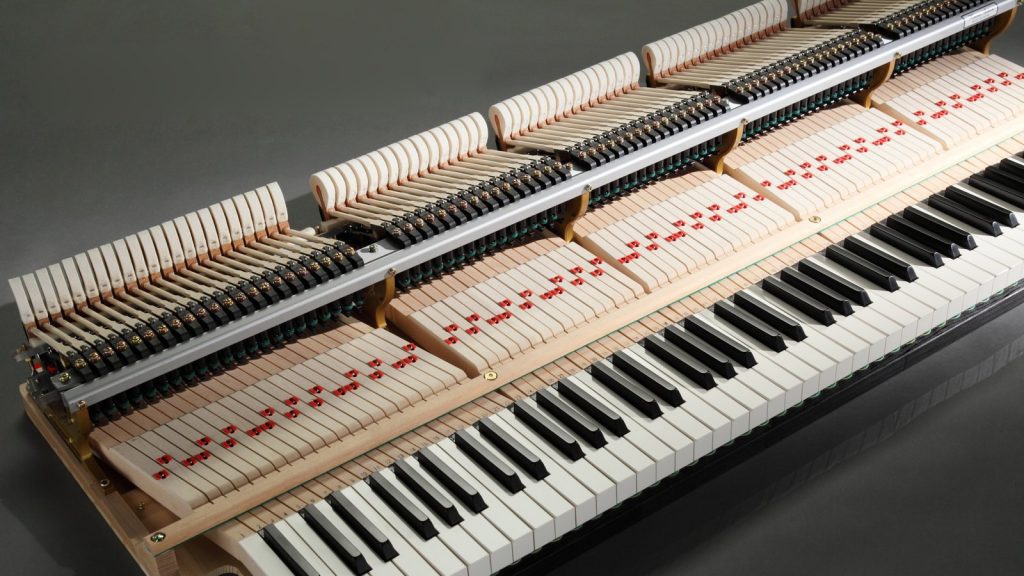 An der Tastatur eines Konzertflügels kann man die Zonen verschiedener Gewichtung sehen. Von links nach rechts betrachtet fallen die Hammerspitzen in jeder Zone etwas kleiner aus. (Bildquelle: Kawai)