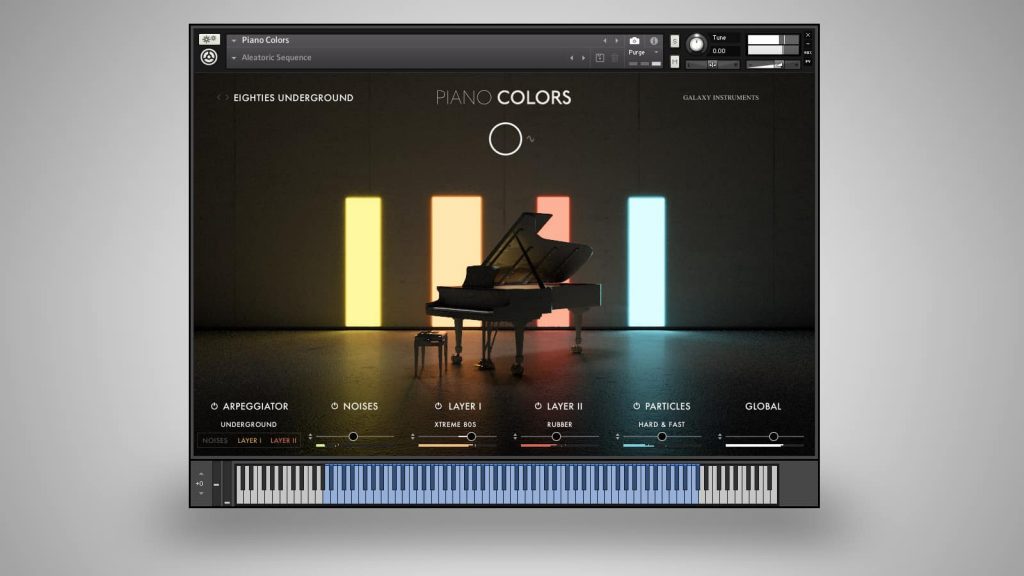 Die Hauptansicht von Native Instruments Piano Colors: Die vier Lichtsäulen im Hintergrund repräsentieren die Lautstärken der vier Elemente: Noises, Layer I, Layer II und Particles.