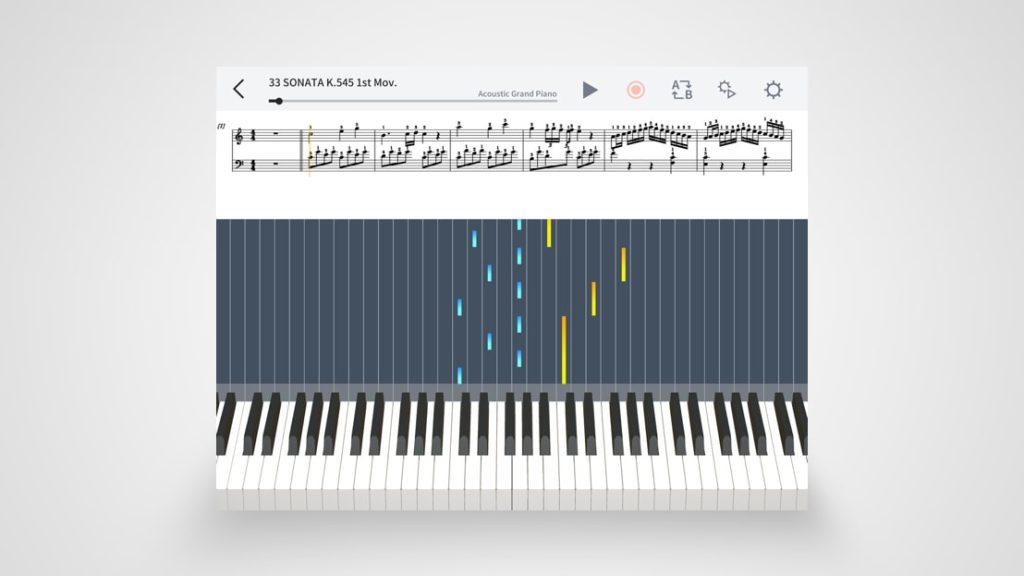 Die Anzeige von Piano Roll UND Noten klappt derzeit leider nur im MIDI-Übungssong-Bereich „Keyboard“ – in dem die Song-Auswahl recht eingeschränkt ist.
