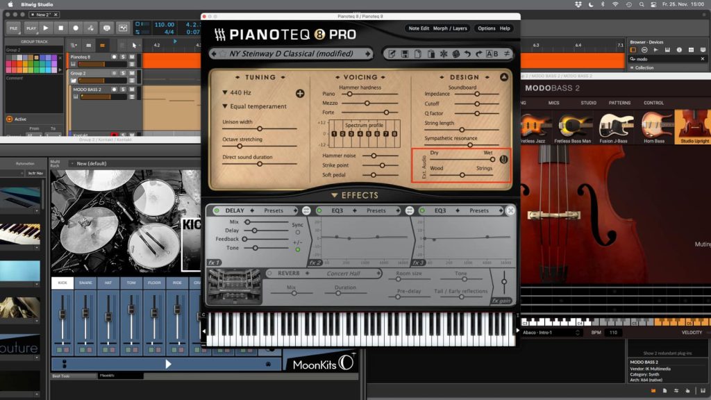 Modartt Pianoteq 8 im virtuellen Jazz-Trio. Über den Ext. Audio-Input werden die Signale von Moonkits-Drums und Contrabass aus MODObass 2 an den Resonanzkörper von Pianoteq geleitet.