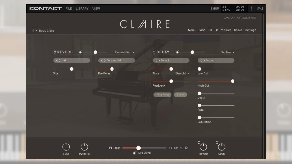 Space!  Hinter dem Space-Tab verstecken sich dann die beiden wichtigsten Effekte Reverb und Delay. Claire bietet die drei verschiedenen Hall-Arten Convolution, Algorithmic und Plate.