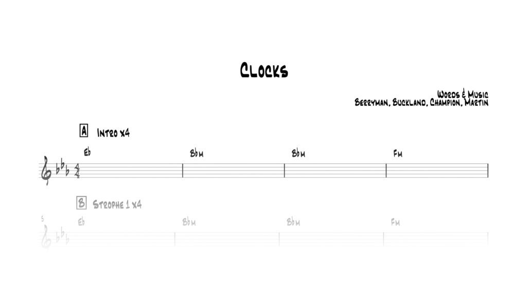 Klick auf die Grafik, um das Leadsheet zu Coldplay Clocks herunterzuladen..