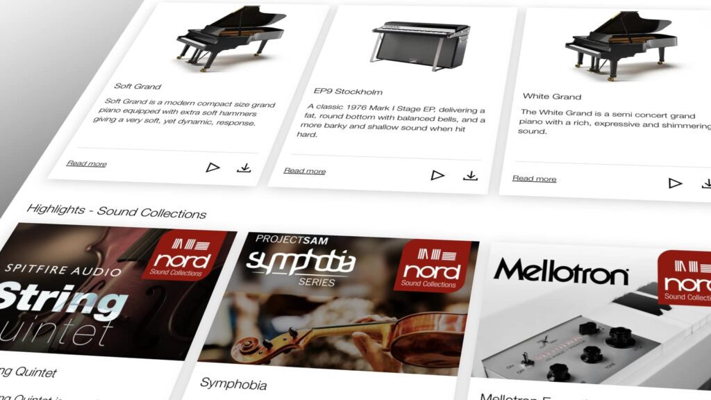 Mit der Nord Piano Library und der Nord Sample Library hat man ständig Zugriff auf eine wachsende Auswahl an Premium-Sounds. Exzellente Piano-Sounds treffen hier auf die Original-Libraries von Mellotron sowie Spitfire Audio und Project Sam. (Bildquelle: www.nordkeyboards.com)