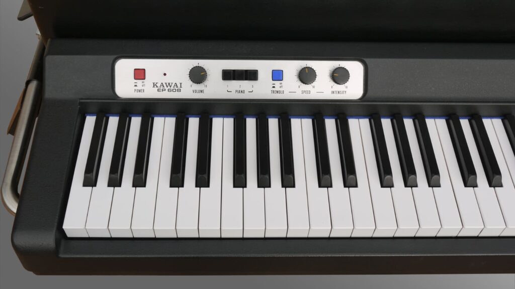 Das Bedienpanel bietet neben dem Lautstärkeregler drei Klangeinstellungen (Normal, Hard, Brilliant) und einen Stereo-Tremolo-Effekt. (Bildquelle: Bernhard Lösener)