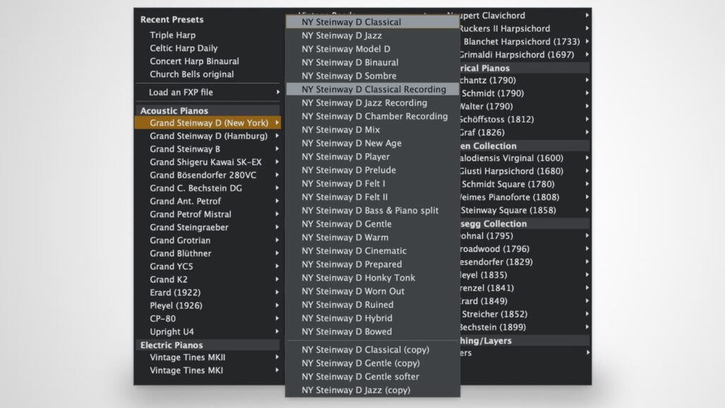 Die Presets wurden überarbeitet und so strukturiert, dass jedes Instrumentenmodell mit vergleichbaren Einstellungen von Mikrofonierung und Intonation zur Verfügung steht.