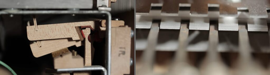 Reed E-Pianos erzeugen Töne, indem beim Anschlag einer Taste ein Hammer gegen eine Metallzunge (im Englischen „Reed“) schlägt und diese zum Schwingen bringt. (Quelle: Galaxy Instruments)