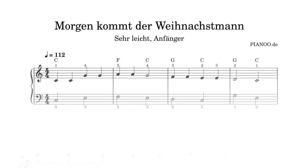 „Morgen kommt der Weihnachtsmann“: Mit Klick auf die Grafik kannst du die Klaviernoten als PDF herunterladen.