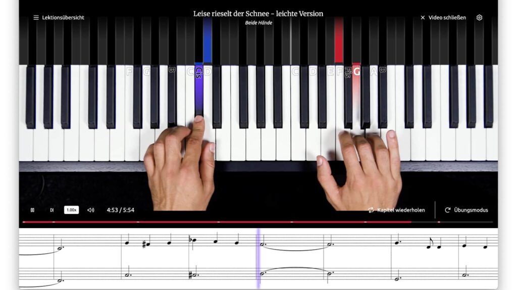 Mit dem interaktiven Video-Player von music2me kannst du die Stücke im Übungsmodus step-by-step einstudieren.