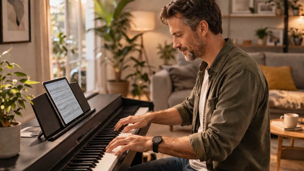 Entspannt Klavier spielen. Davon träumen alle, die als Erwachsene Klavier lernen wollen. Der Weg ist nicht ganz einfach, aber machbar.