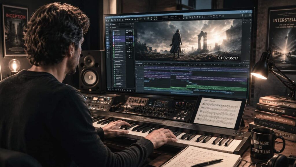 Filmmusik-Komposition im Studio. (Bild mit KI bearbeitet)