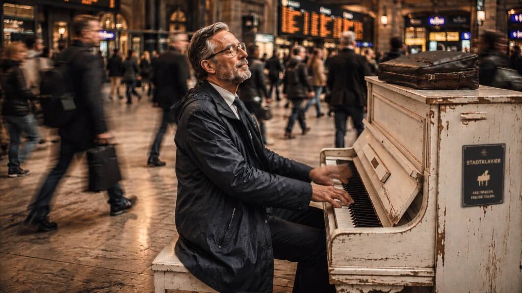 Entspannt Klavier spielen - nach Feierabend am Bahnhof (Bild: ChatGPT)